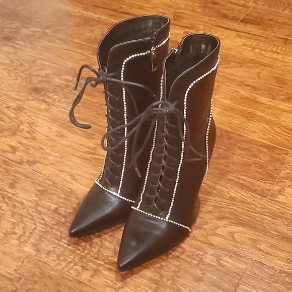 Azalea Wang Faux Leather Rhinestone High Heel Booties - Picture 1 of 6